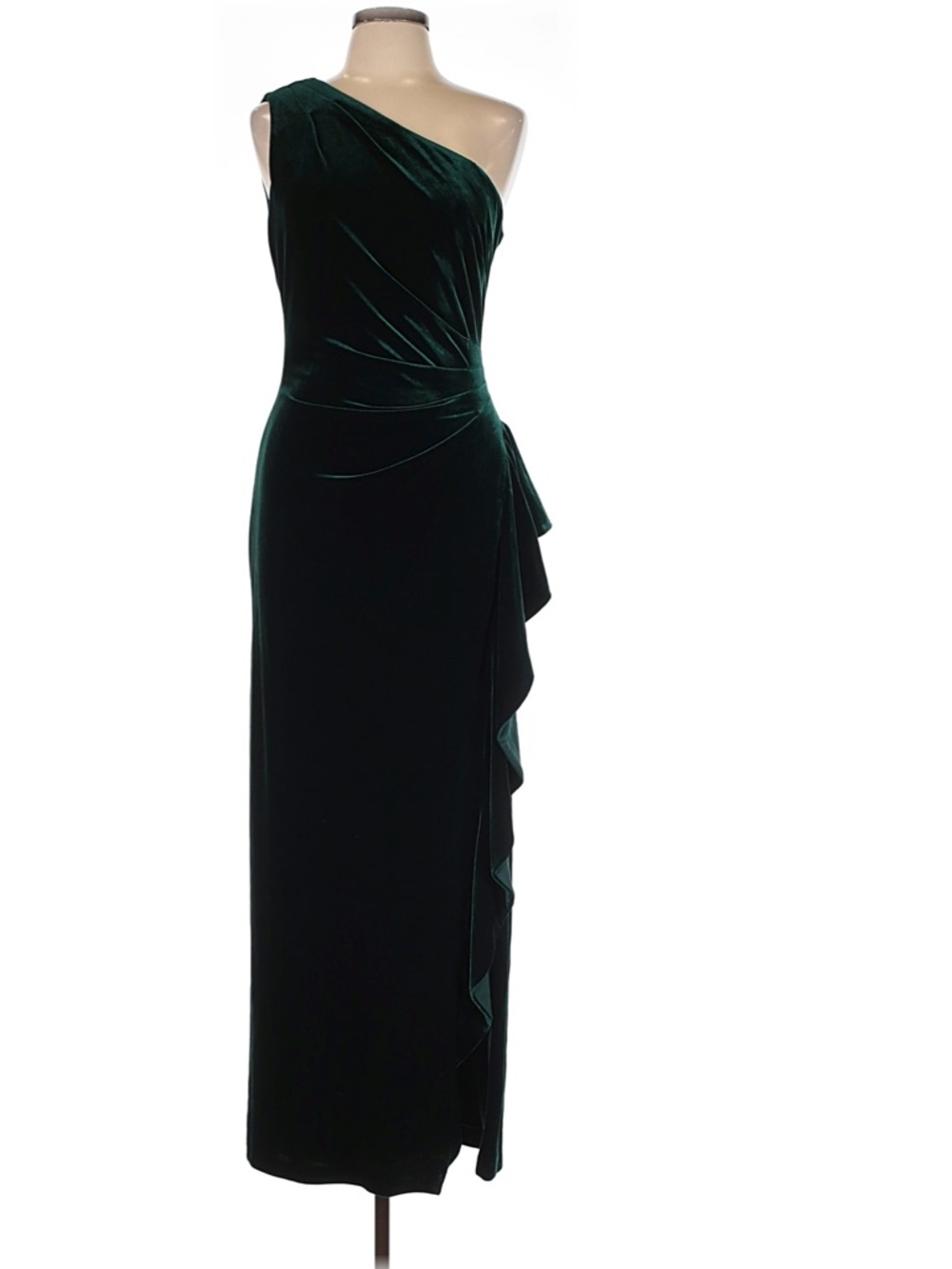 NEW XSCAPE Hunter Green ONE SHOULDER Ruched RUFFLE SIDE Stretch VELVET GOWN 6 - Picture 5 of 12